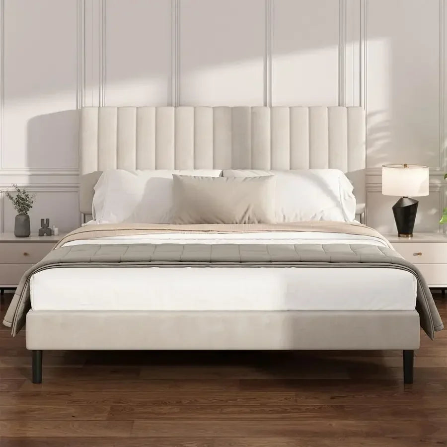 Velvet Platform Frame Vertical Tufted Headboard, No Box Spring Needed
