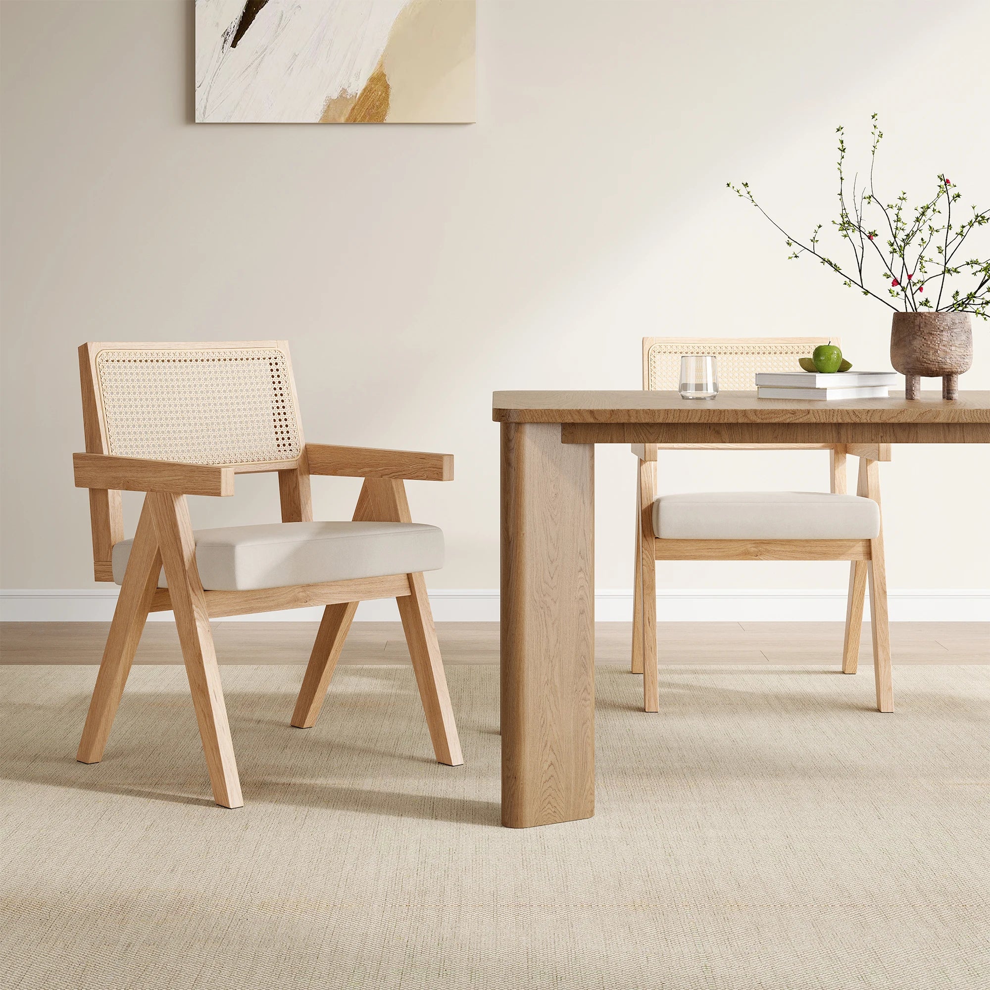2 Rattan Chairs, Ash Wood Frame, Woven Rattan, Non-Slip Pads