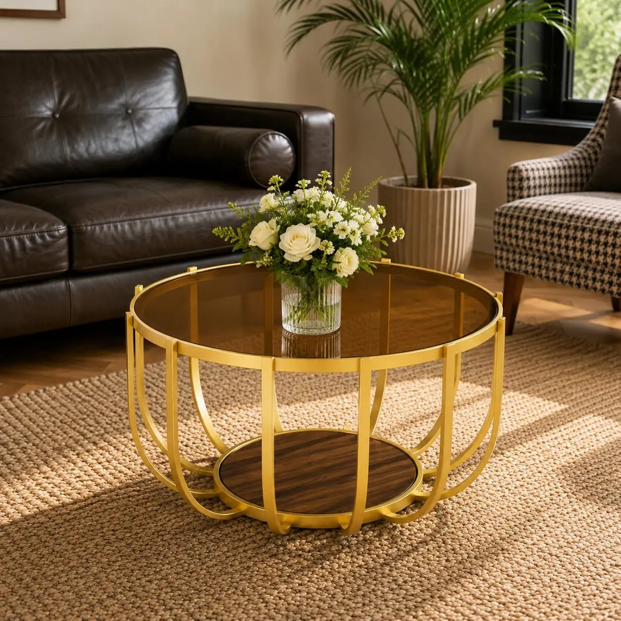 Gold Drum Coffee Table, 2-Tier Tempered Glass Round Center Table, Tinted Glass Top