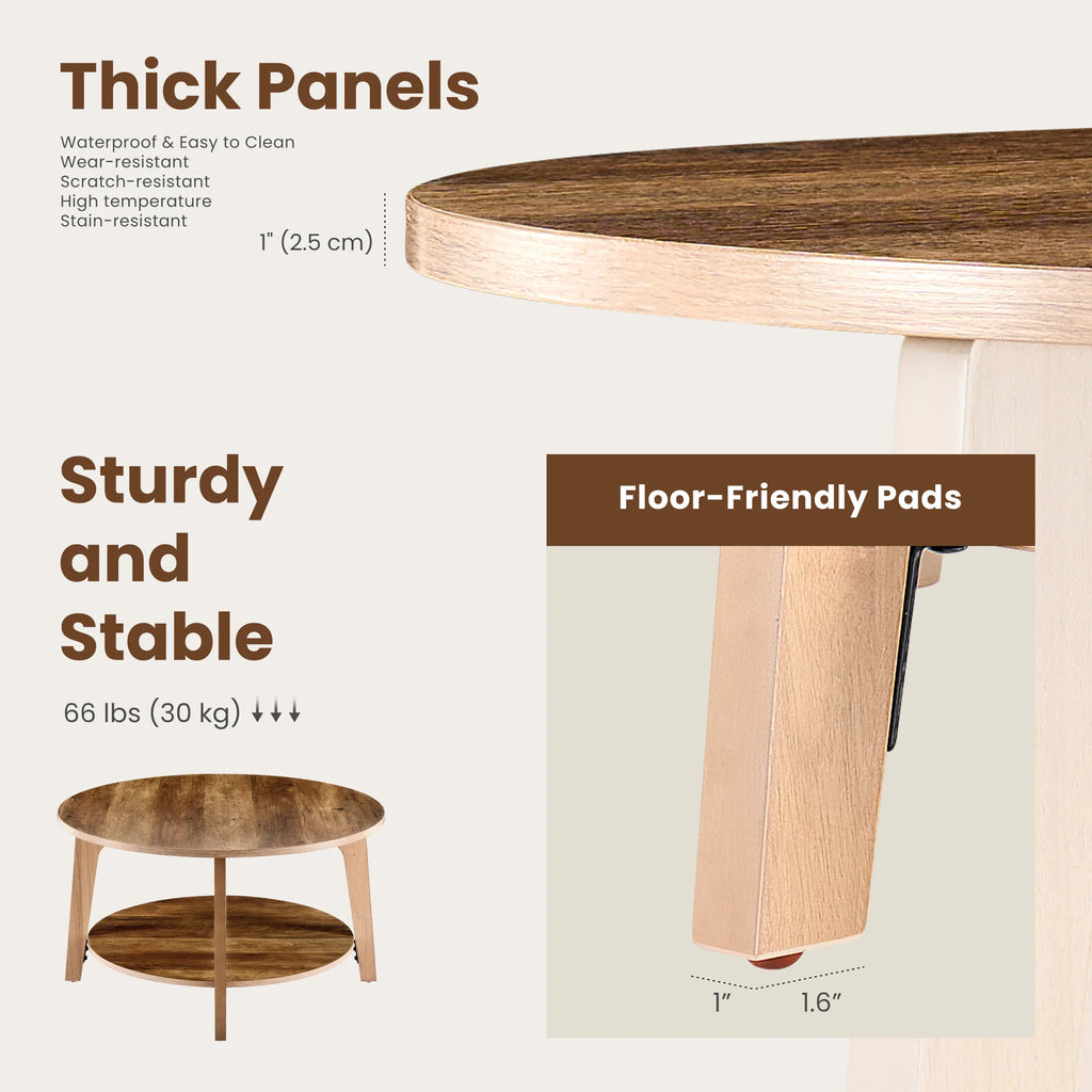 JHK 32IN Wood Round 2-Tier Coffee Table Storage 50 lbs