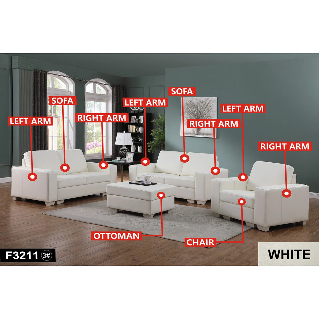 White Genuine Cow Leather 7-Piece Living Room Sofa Set