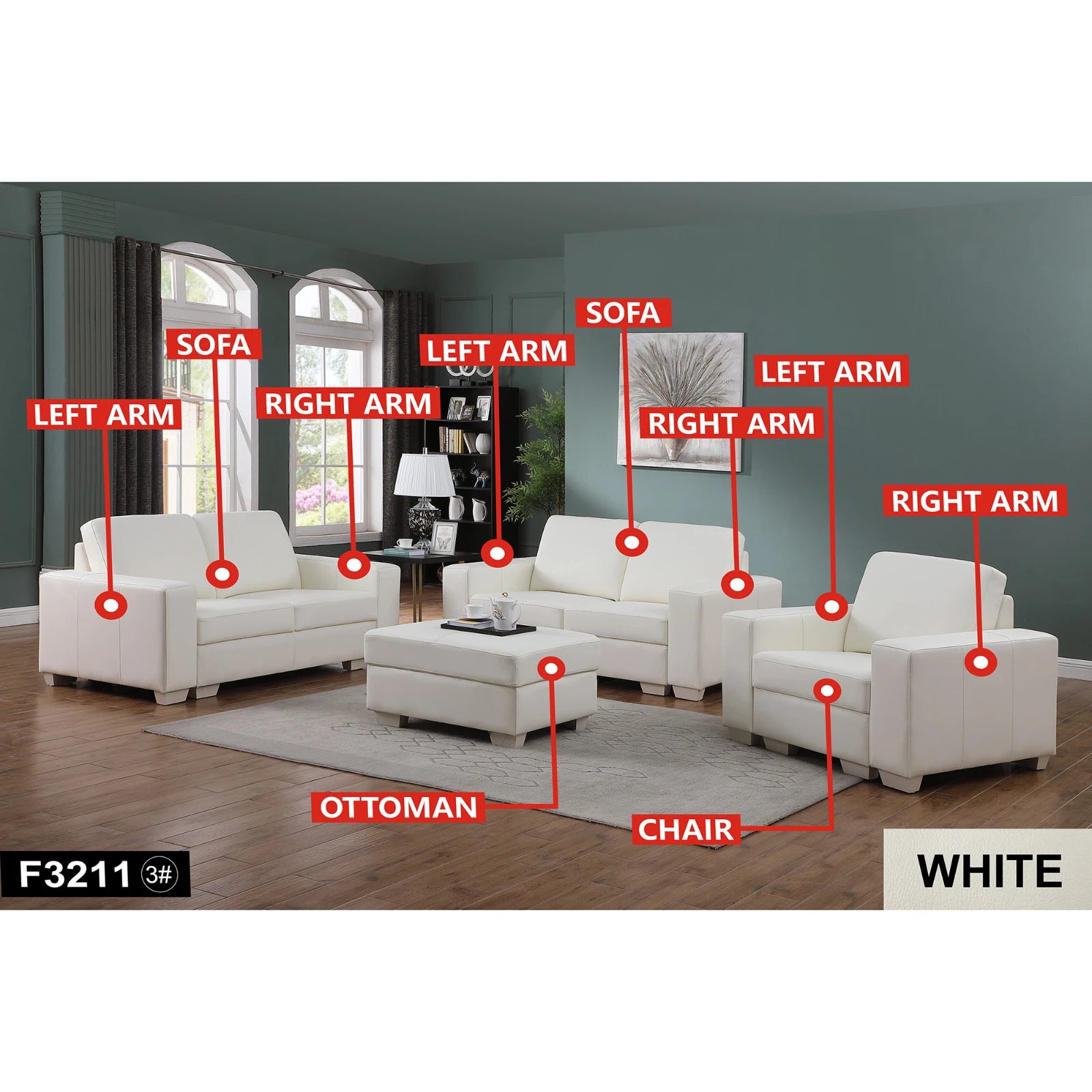 White Genuine Cow Leather 7-Piece Living Room Sofa Set
