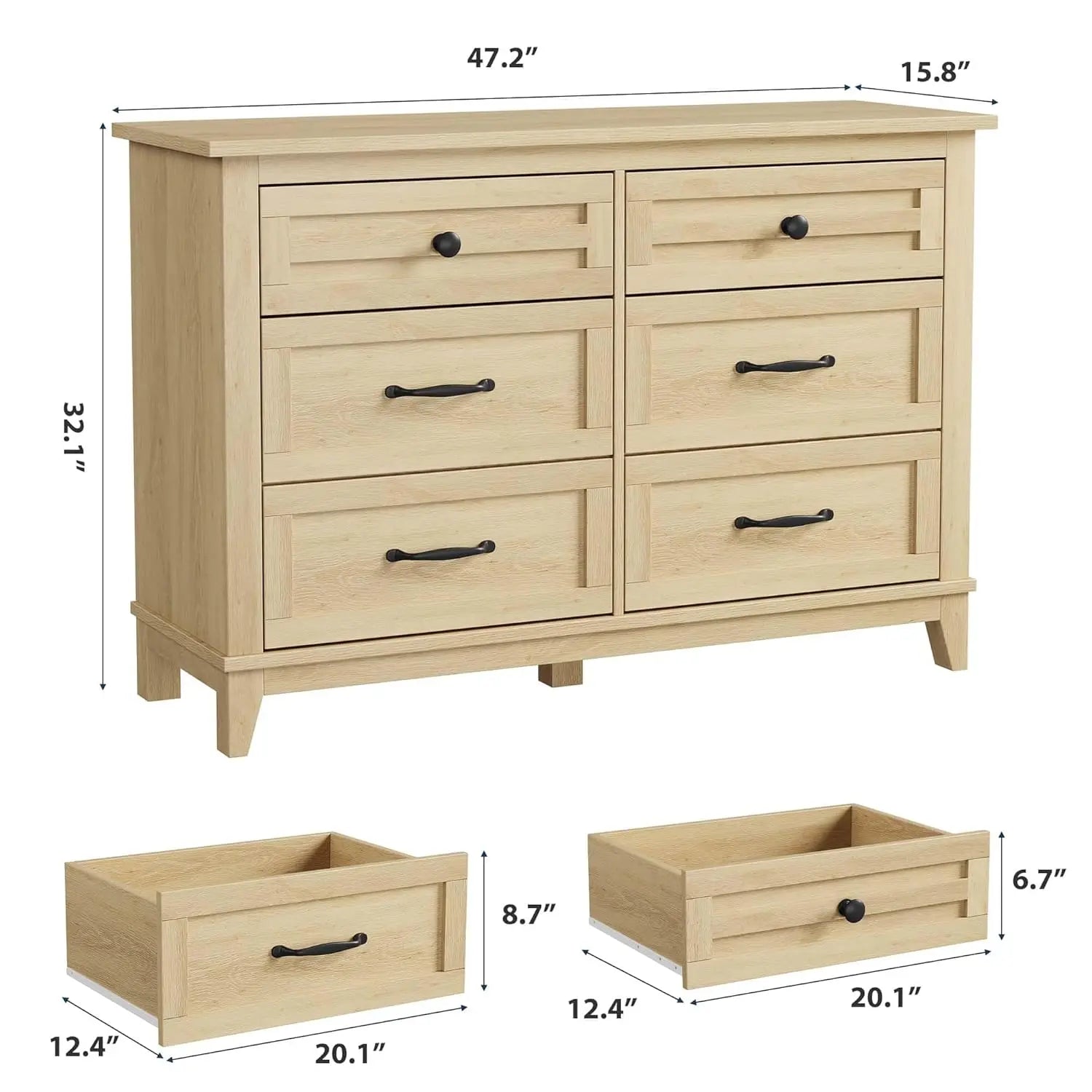 6-Drawer Dresser 47IN Wide Freestanding, Wooden Storage Chest