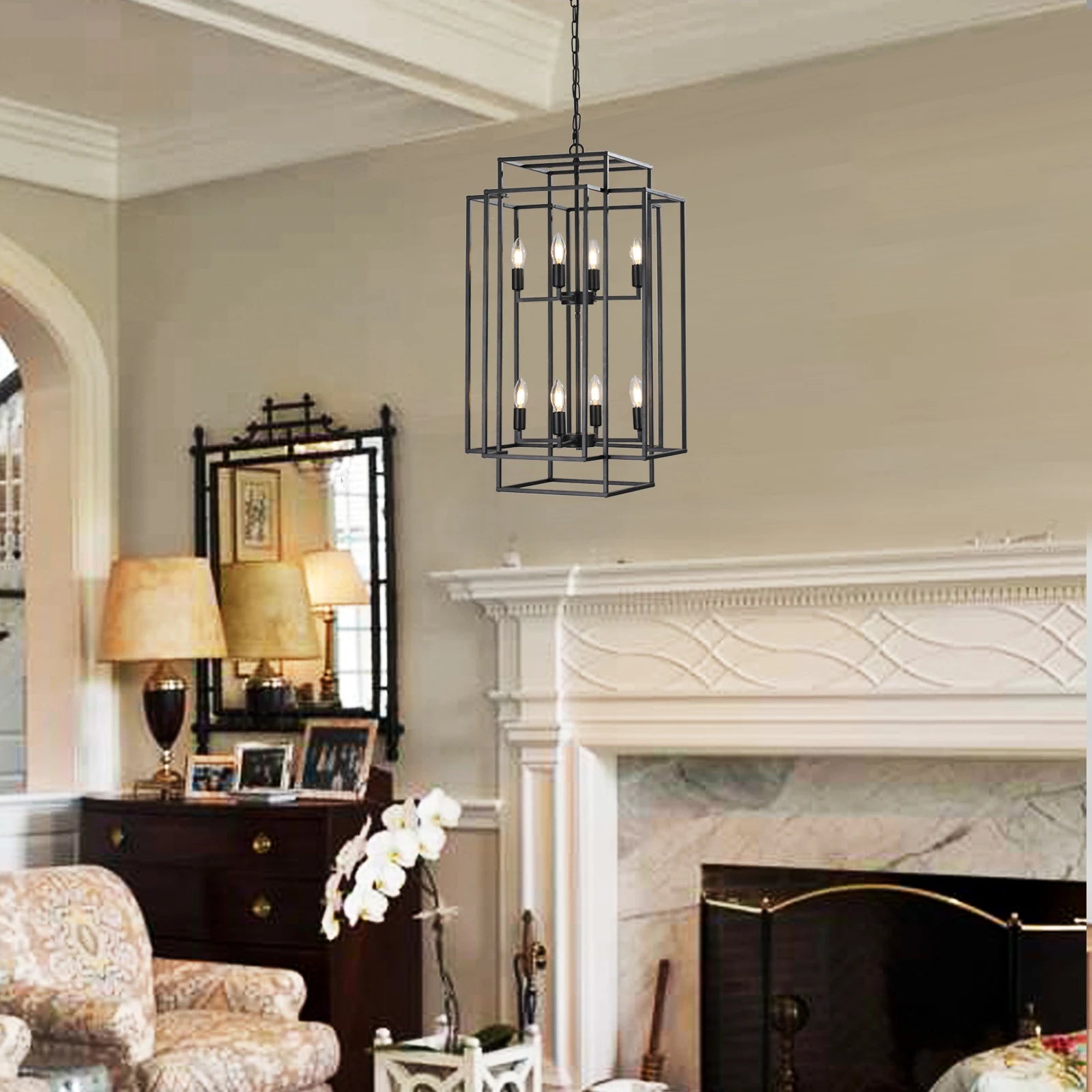 Chandelier, 8-Light Metal Cage Pendant Lighting Fixture