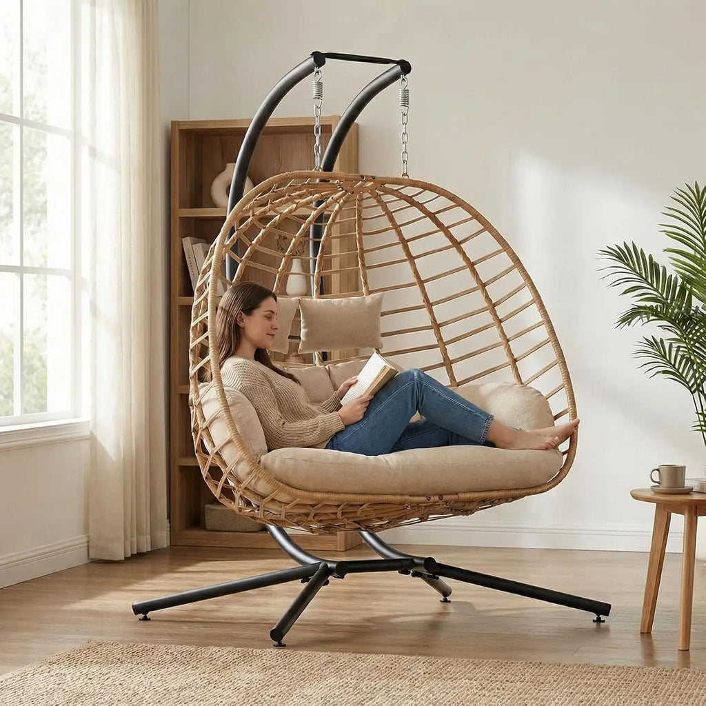 Double Hanging Egg Chair w/Stand, 2 Person Swing Chair w/Cushion
