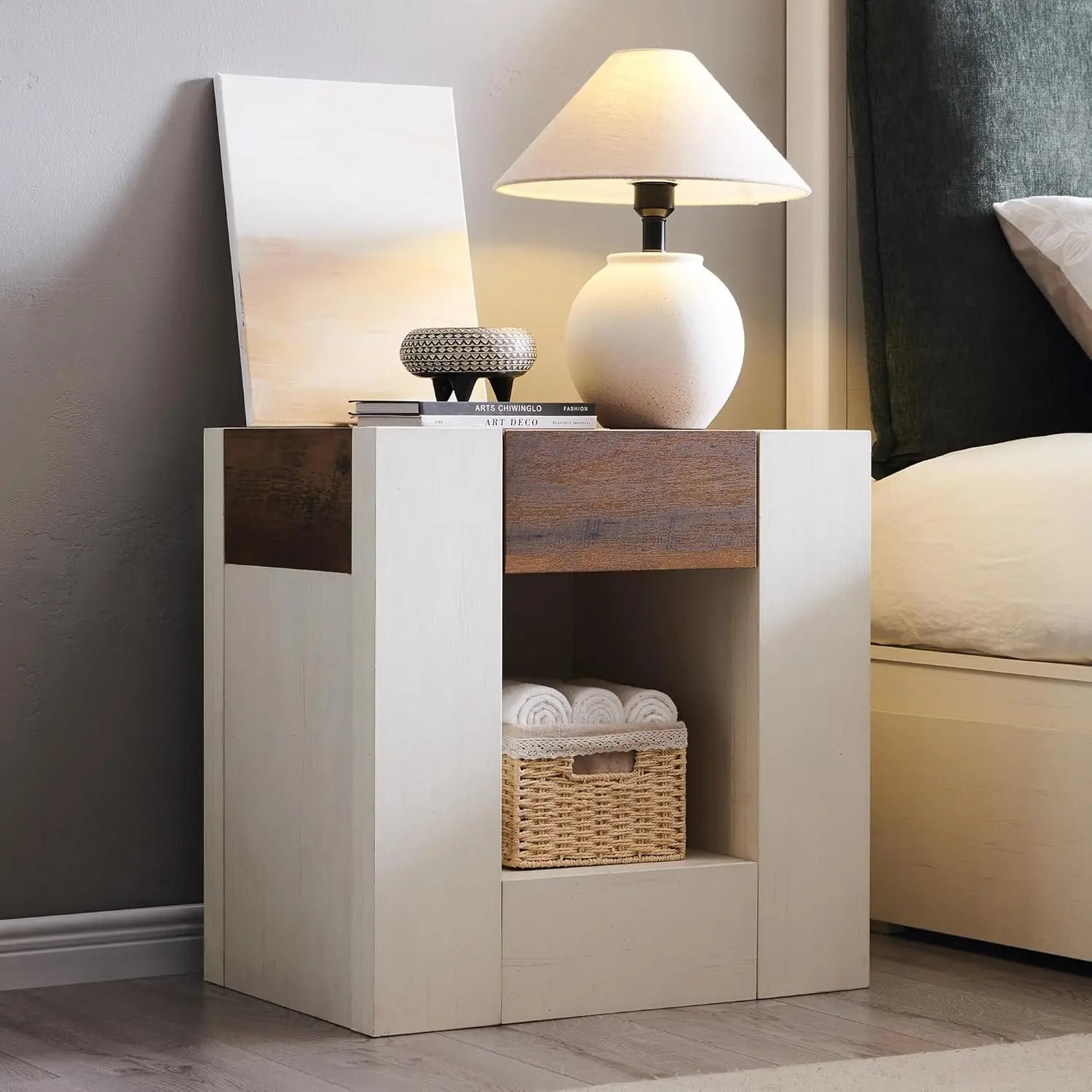 24" Nightstand Charging Station, Hidden Drawers & Open Storage Shelf