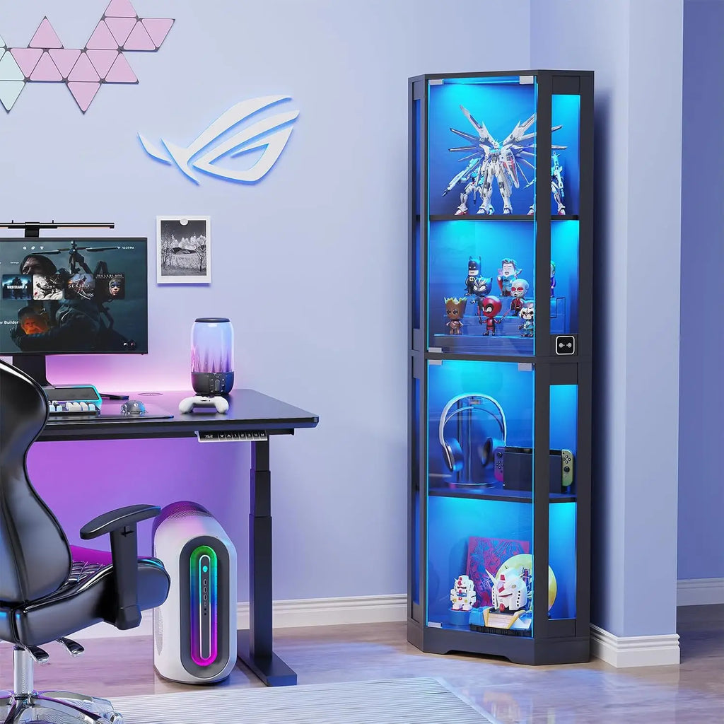 65" Corner Glass Display, LED Lights, 4-Tier, Glass Doors & Human Body Sensor