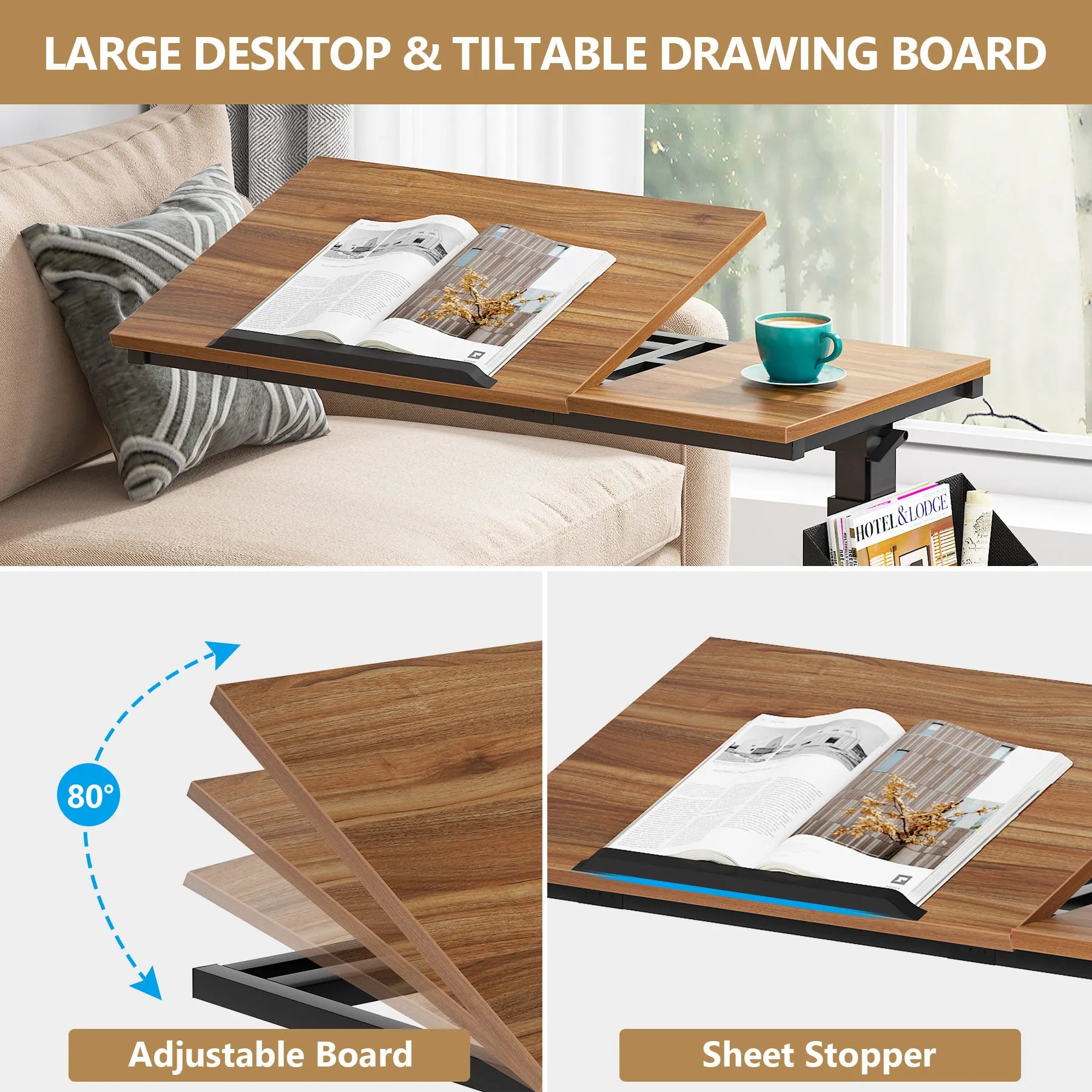 Height Adjustable C-Shaped Table, Wheels, Side Pocket, Tiltable Drawing Board