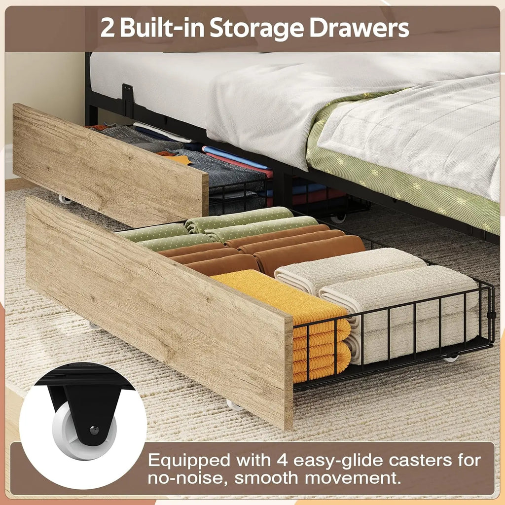 Corner Bed Full Desk Headboard 4 Drawers 6 Shelves LED USB