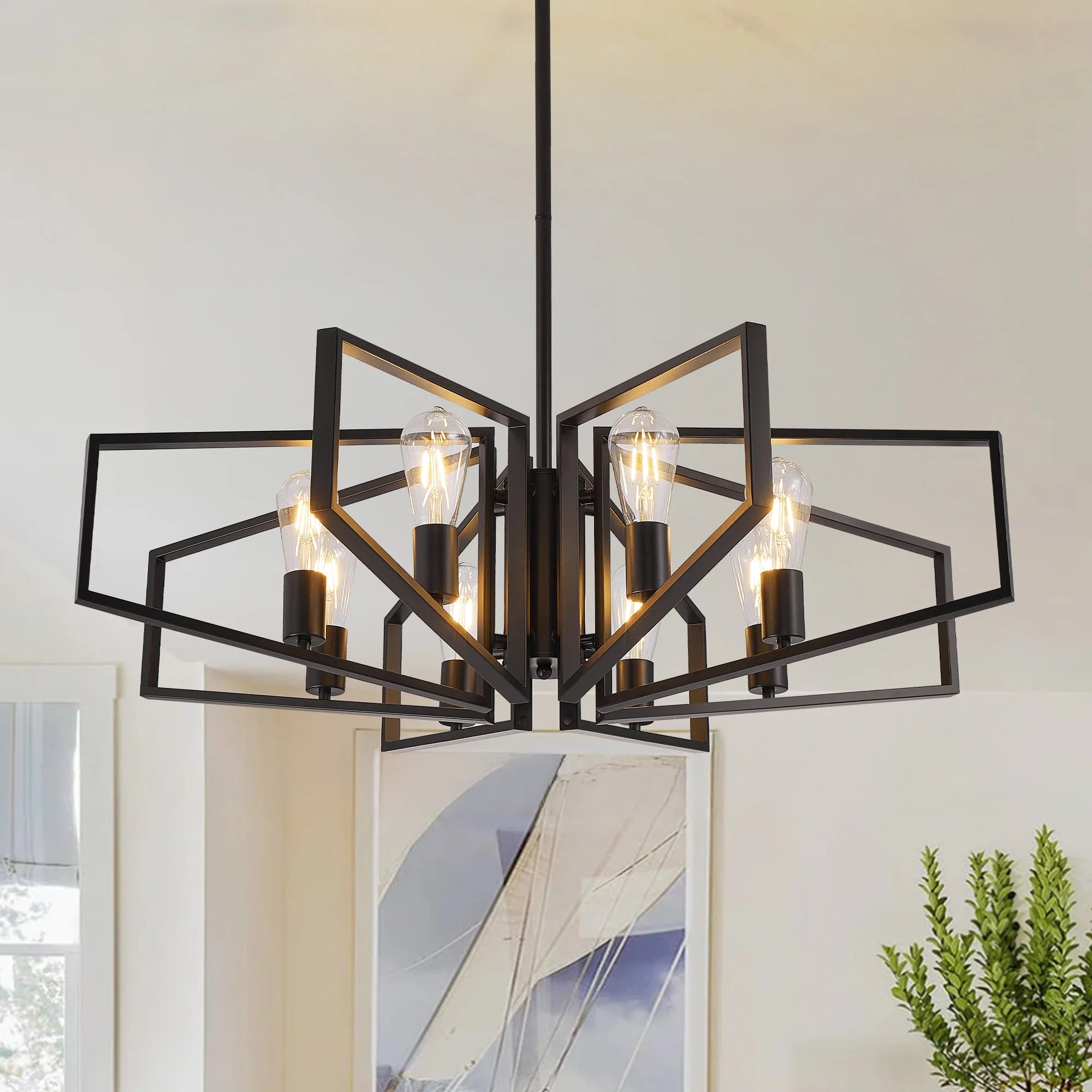 8-Light Chandelier, Adjustable Height, Black Frame, Golden Accents.