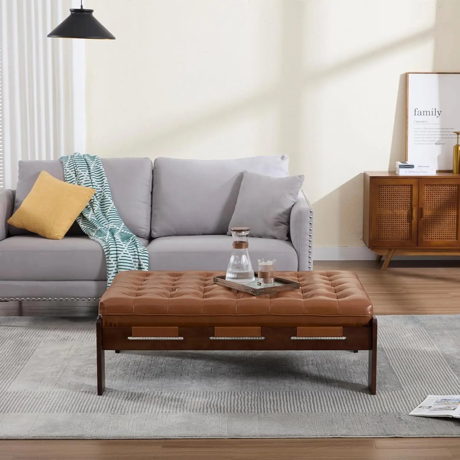 48IN Tufted Leather Ottoman Coffee Table, Rectangular Upholstered