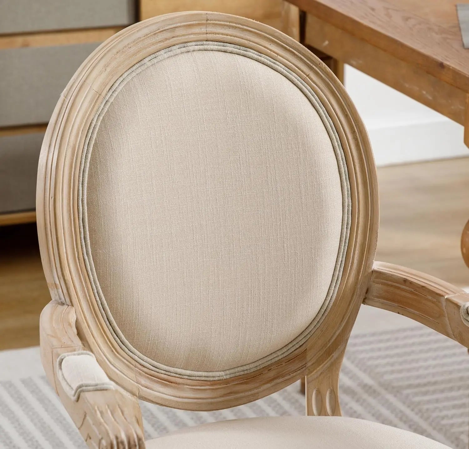 Set-of-2 French Round Back Upholstered Solid Wood Dining Chairs Armrest