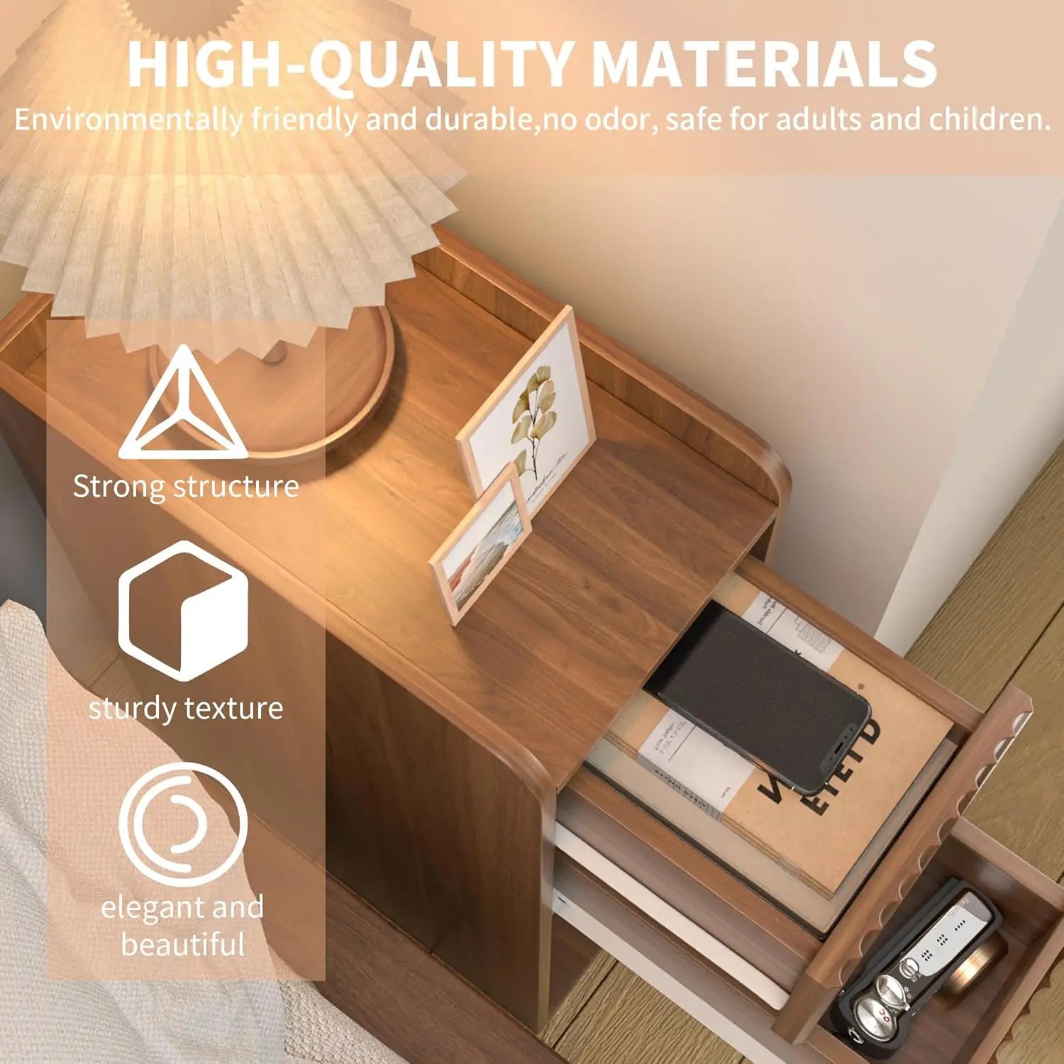 Narrow Fluted End Tables, Set of 2, Wooden 2 Drawers, Slim Nightstands