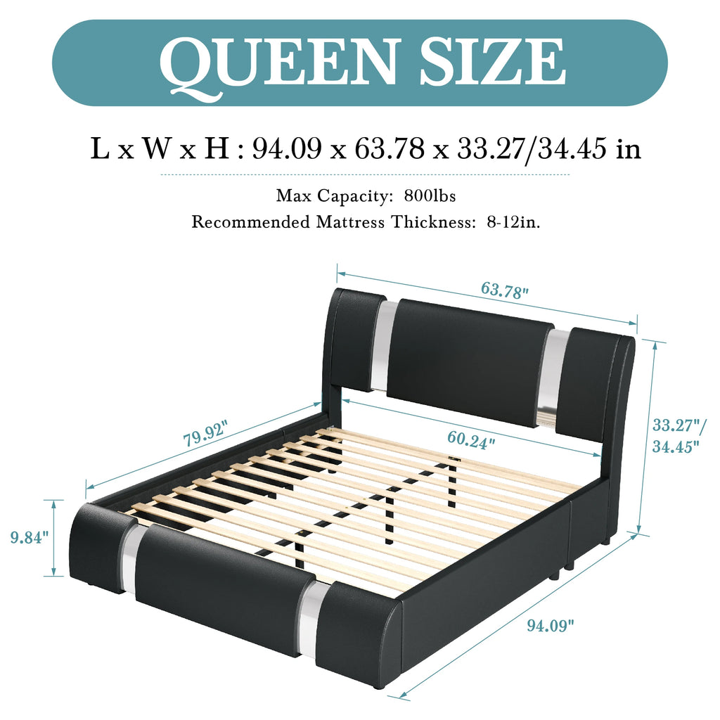 Faux Leather Low Profile Platform Bed Frame Height-Adjustable Headboard