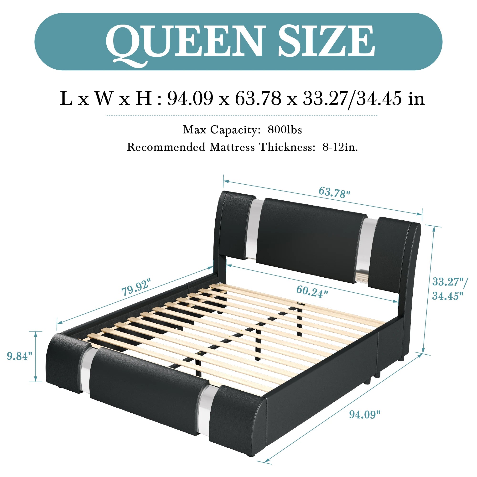 Faux Leather Low Profile Platform Bed Frame Height-Adjustable Headboard