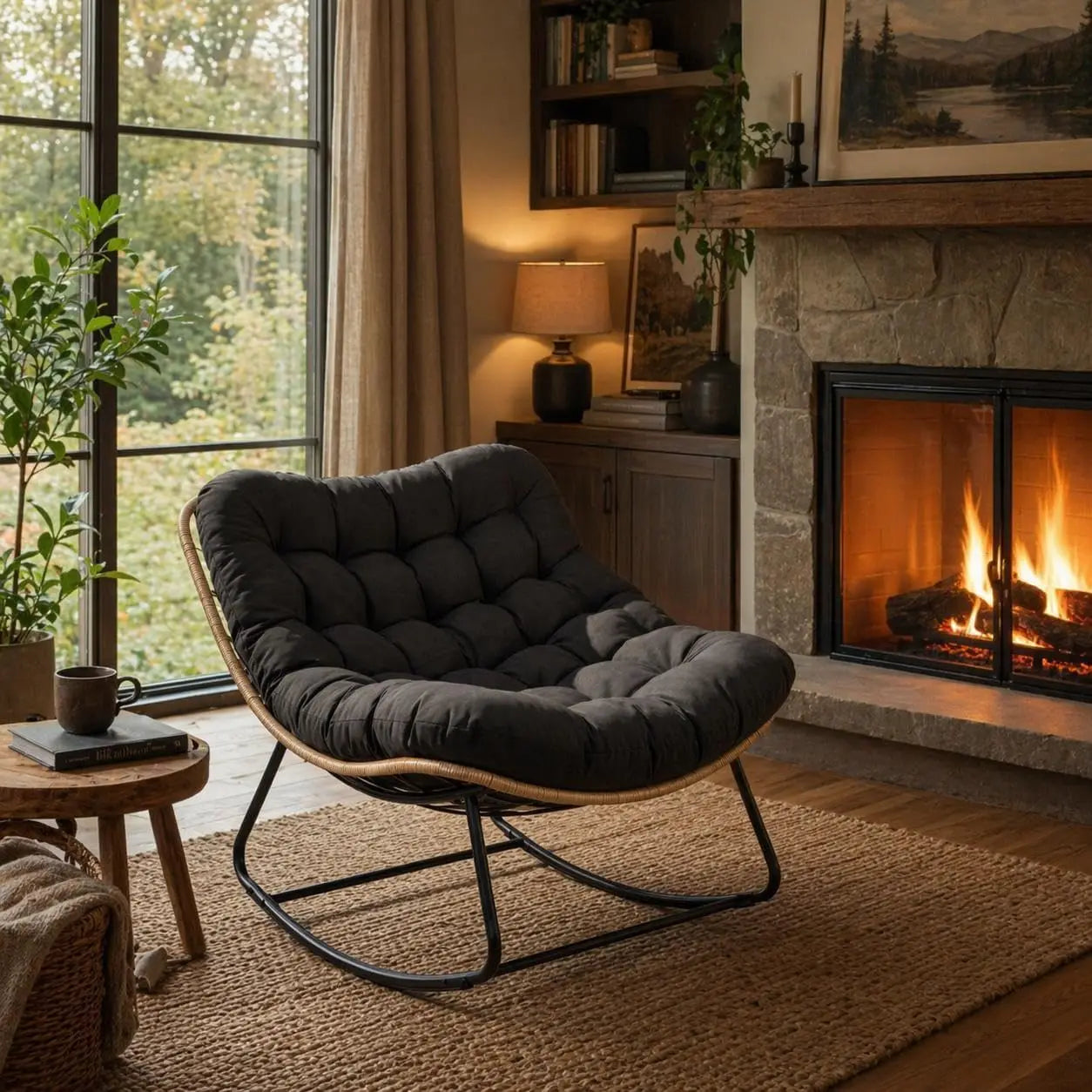 Oversized Papasan Rocking Chair, Thick Cushion, Curved Leg Wicker Rattan Rocker