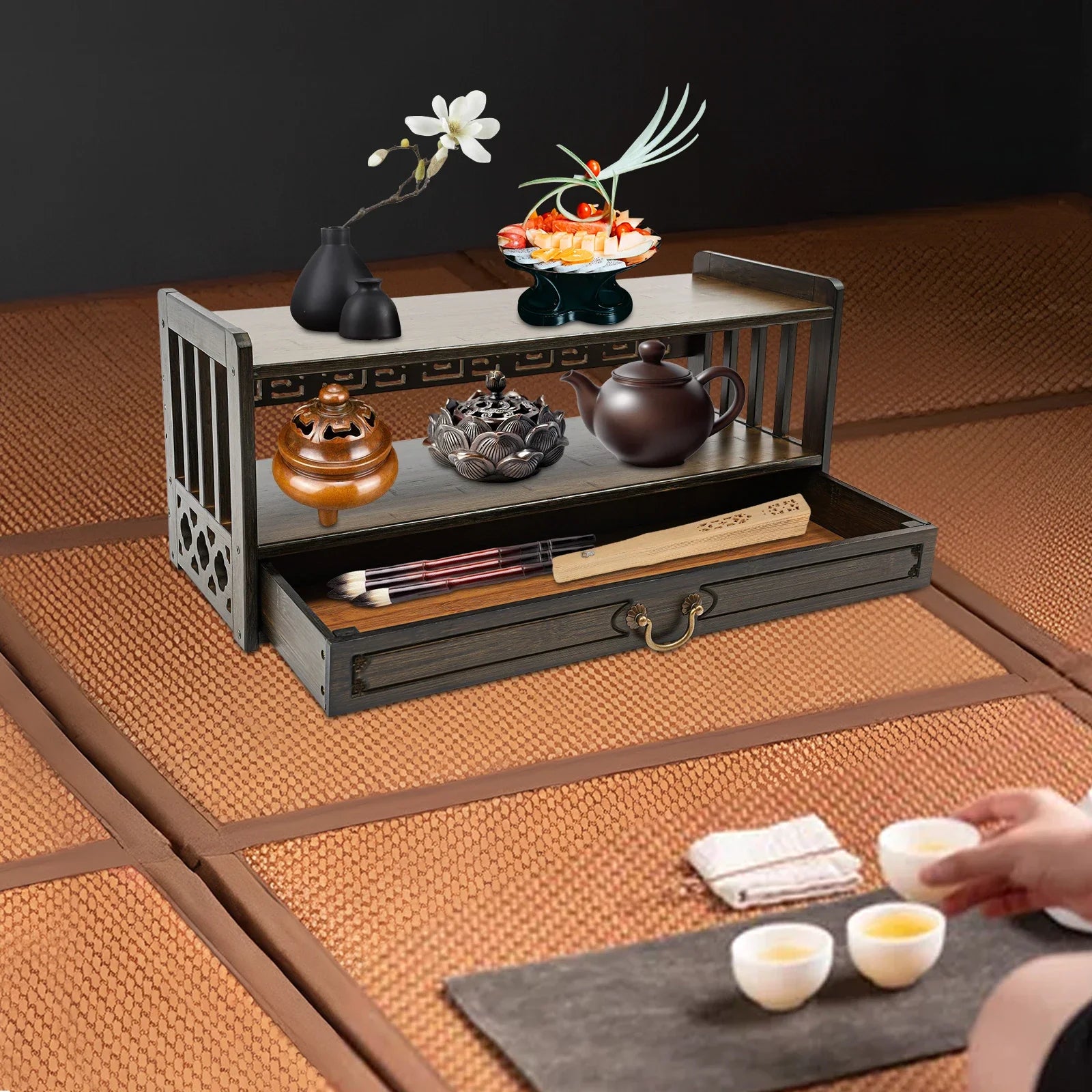 Meditation Altar Table Drawer Organizer, 69x25x28cm Walnut, Max Load 25kg