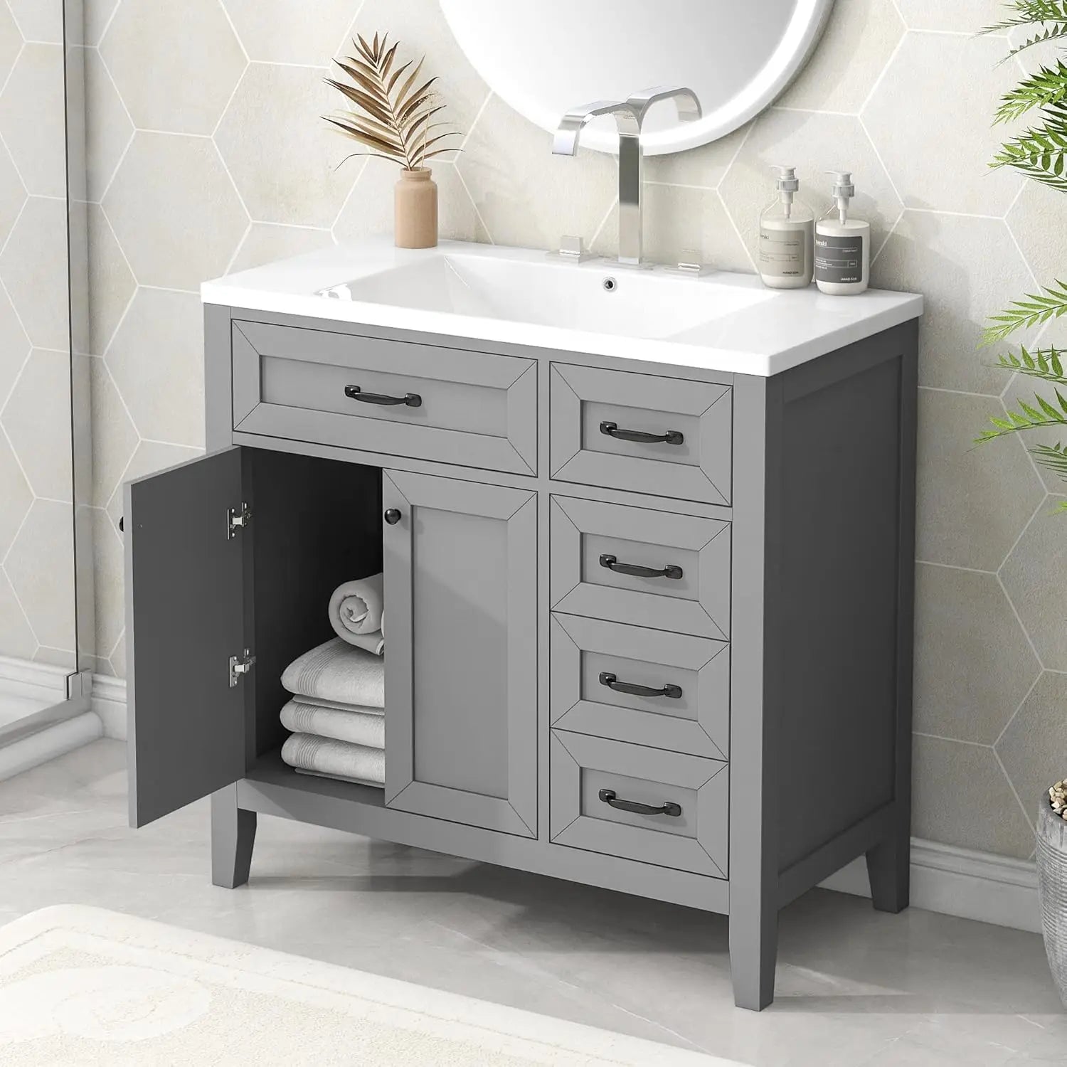 36in Wood Bathroom Vanity/Sink, 3 Drawer Storage Adjustable Shelf.