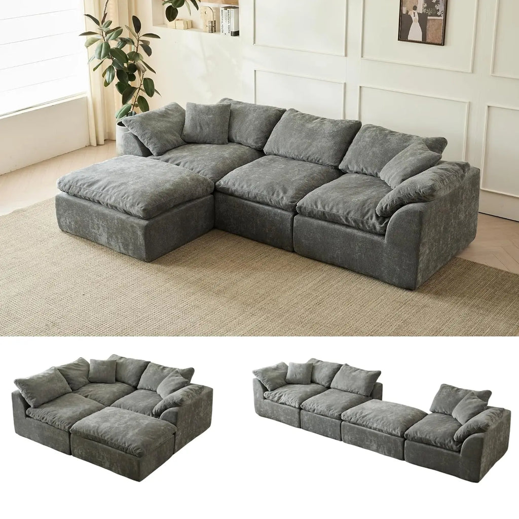 110" Cloud Sectional Couch Convertible L-Shape Boneless, Ottoman, 3 Seater