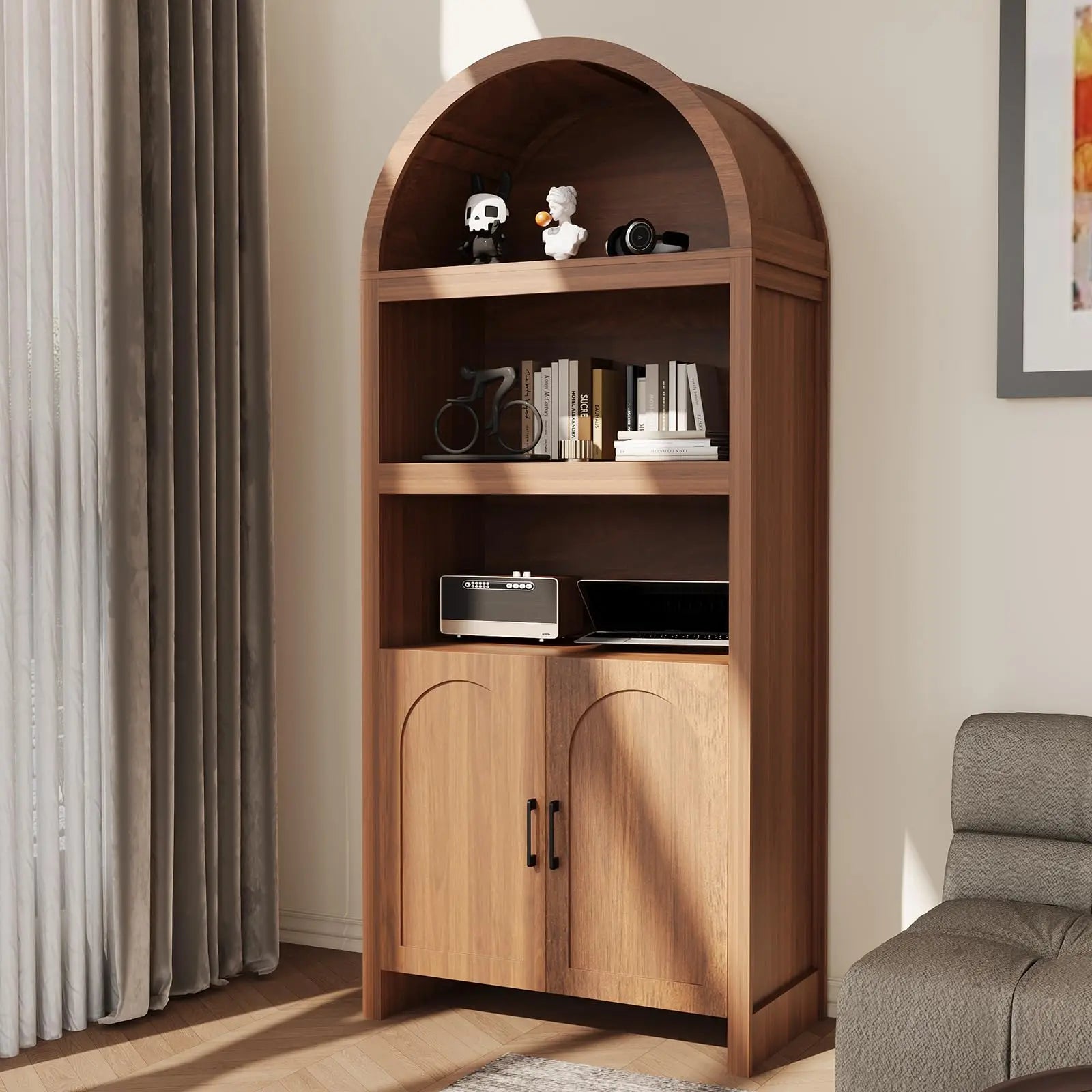 71IN Arched Bookcase 5-Tier Storage Doors Open Shelves