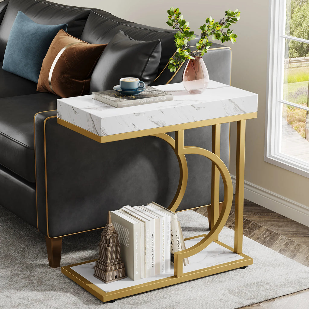 Narrow Side Table White Gold C Shaped End Table