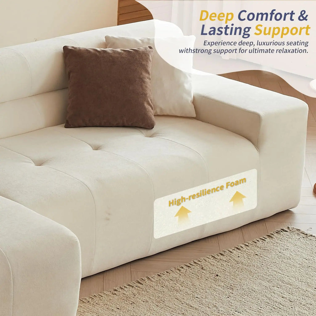 120" Tufted L-Shape Sectional Sofa Deep Seat Oversized Chaise, White