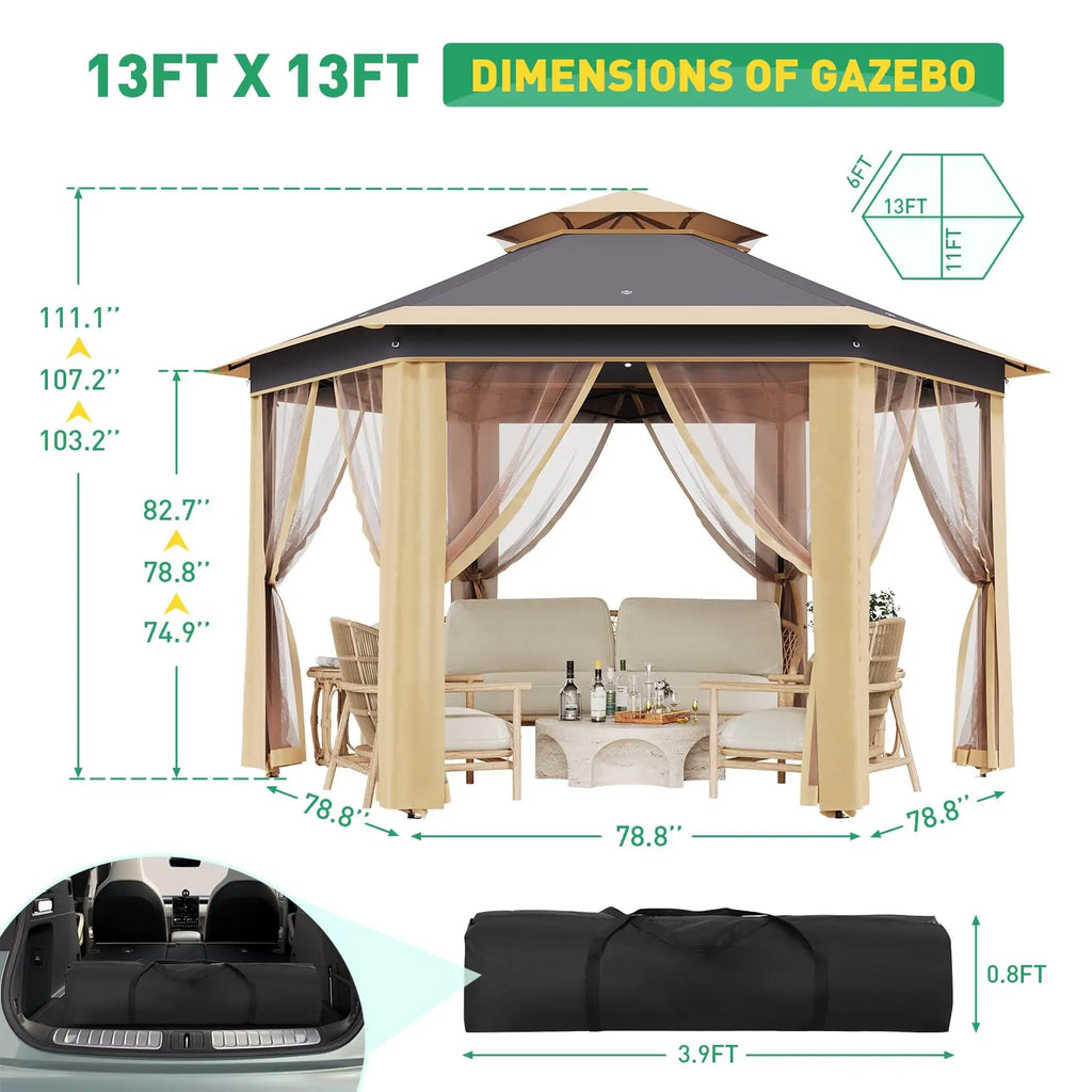 13'x13' Heavy Duty Pop Up Gazebo/Canopy Tent W/Mosquito Netting Double Roof