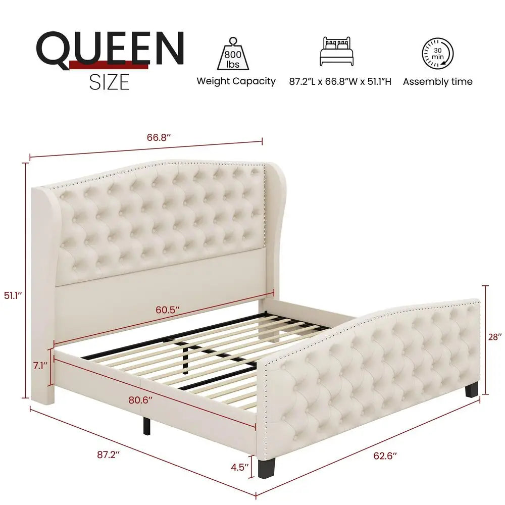 Queen Size Frame Velvet Beige Tufted/Deep Button Platform Wingback Headboard, Footboard