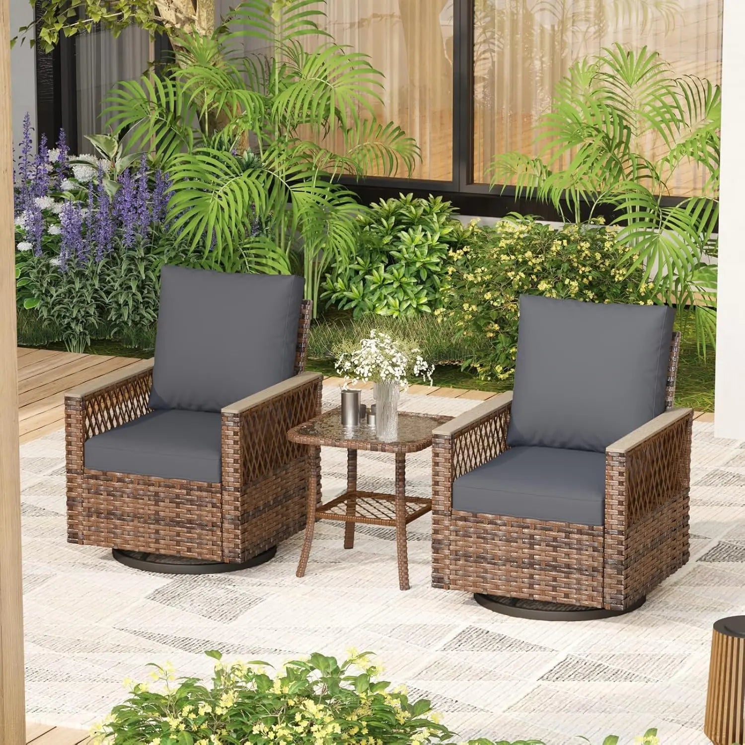 3 Pc Bistro, All-Weather Wicker, Table, Rotate 360deg & Rock