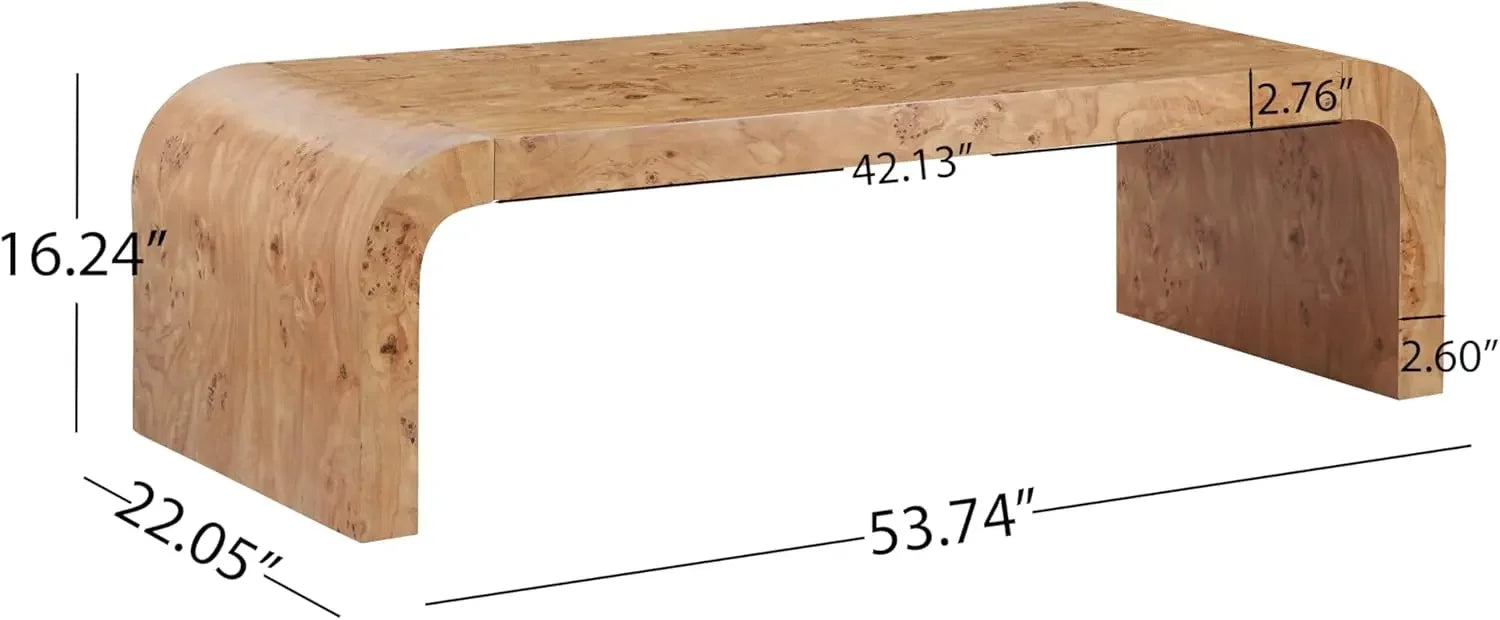 Burl Veneer Wood Coffee Table With Curved Edges