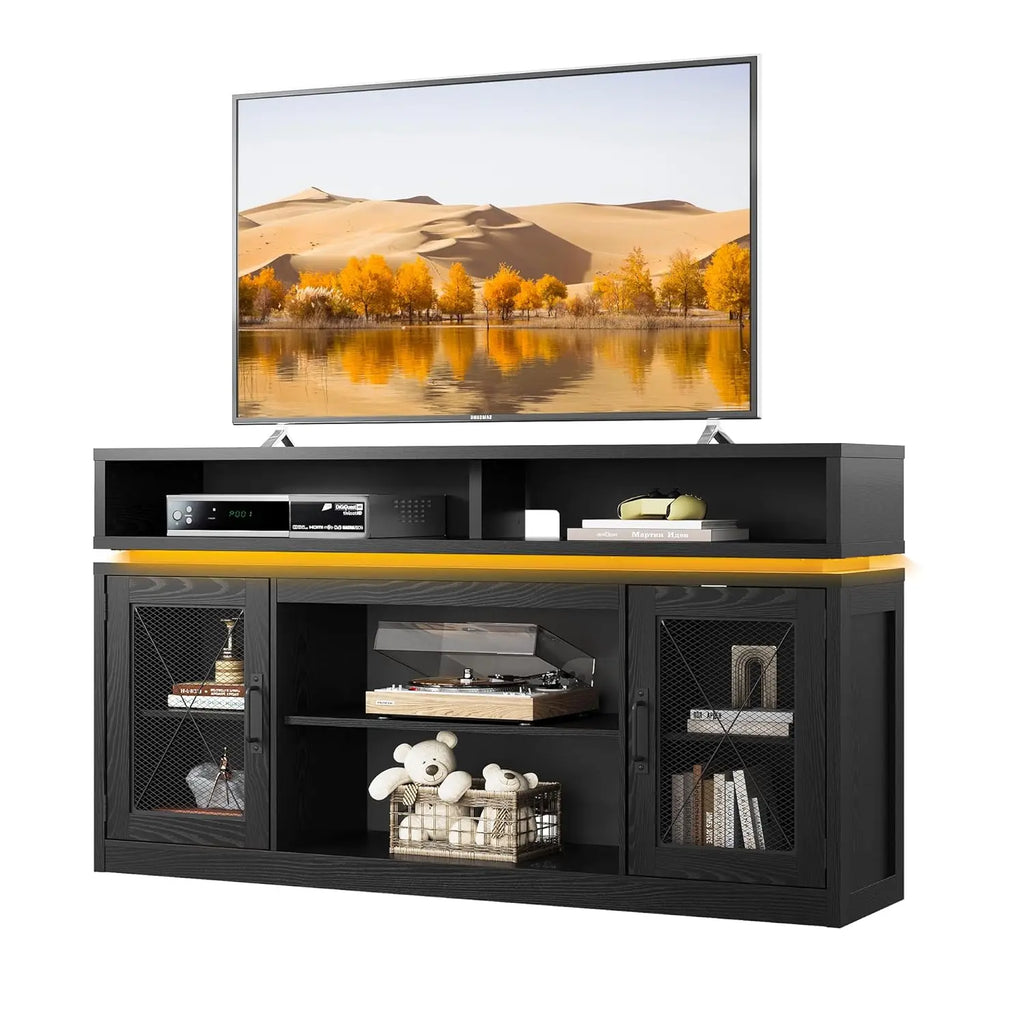 Farmhouse Entertainment Center for TV's Up to 65in, Cabinets, LED Lights