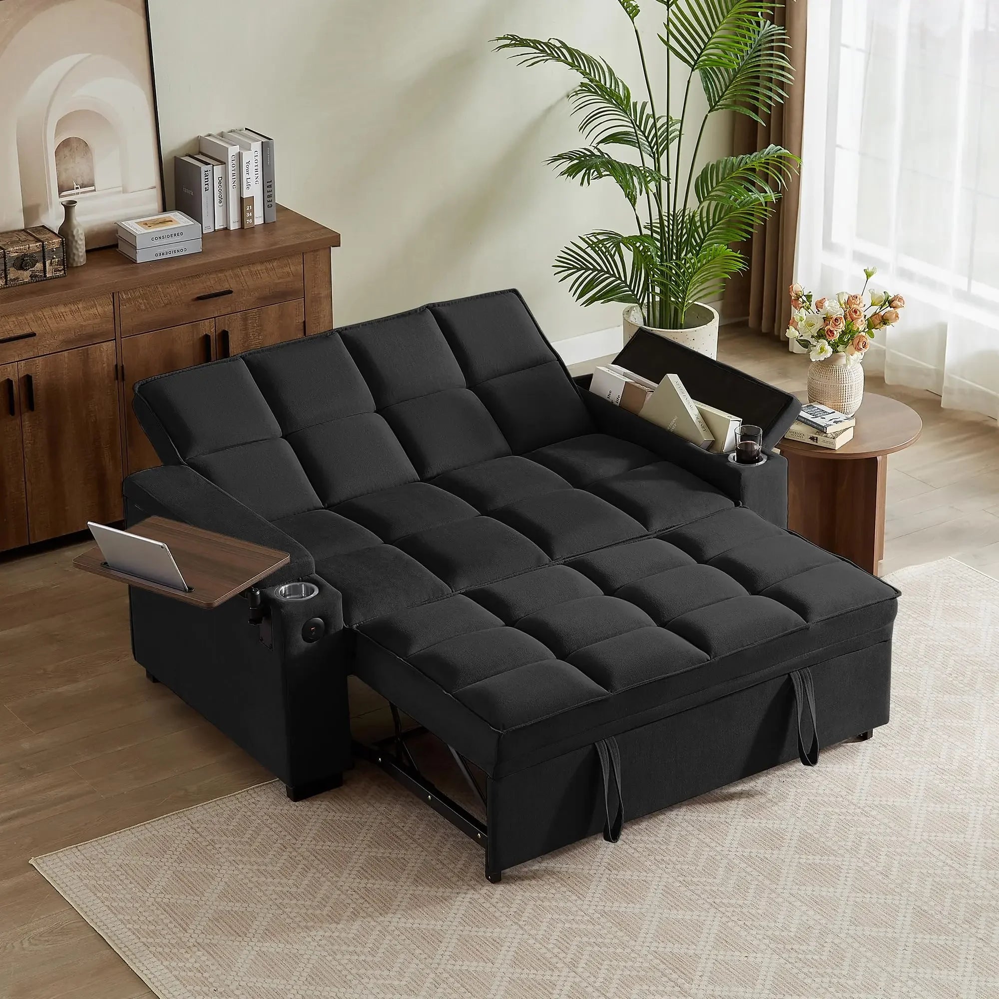 65'' 3-in-1 Folding, Pullout, Convertible Sofa Bed, 360° Swivel Side Table