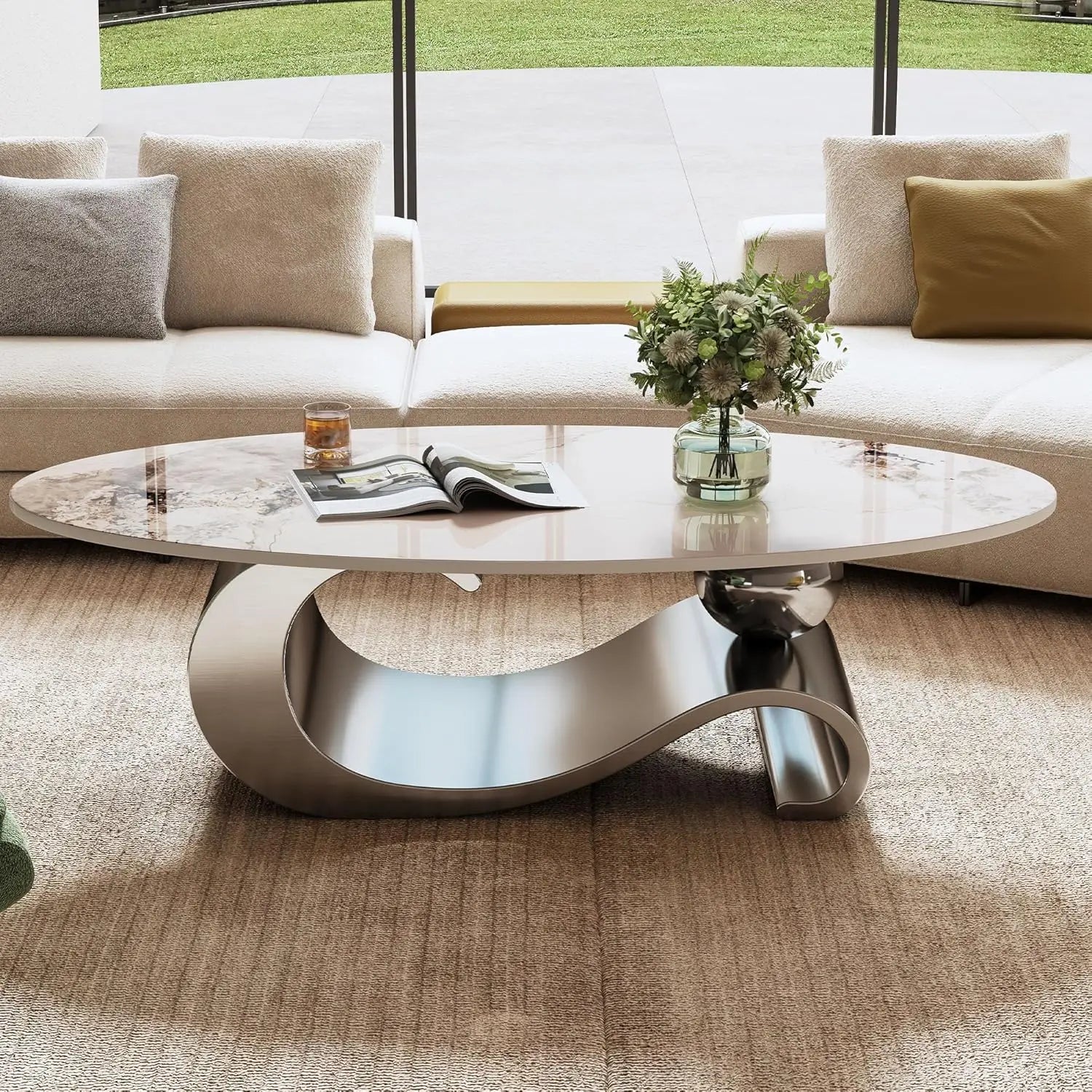 Coffee Table, Silver Stainless Steel Pedestal Oval Faux Marble Top.