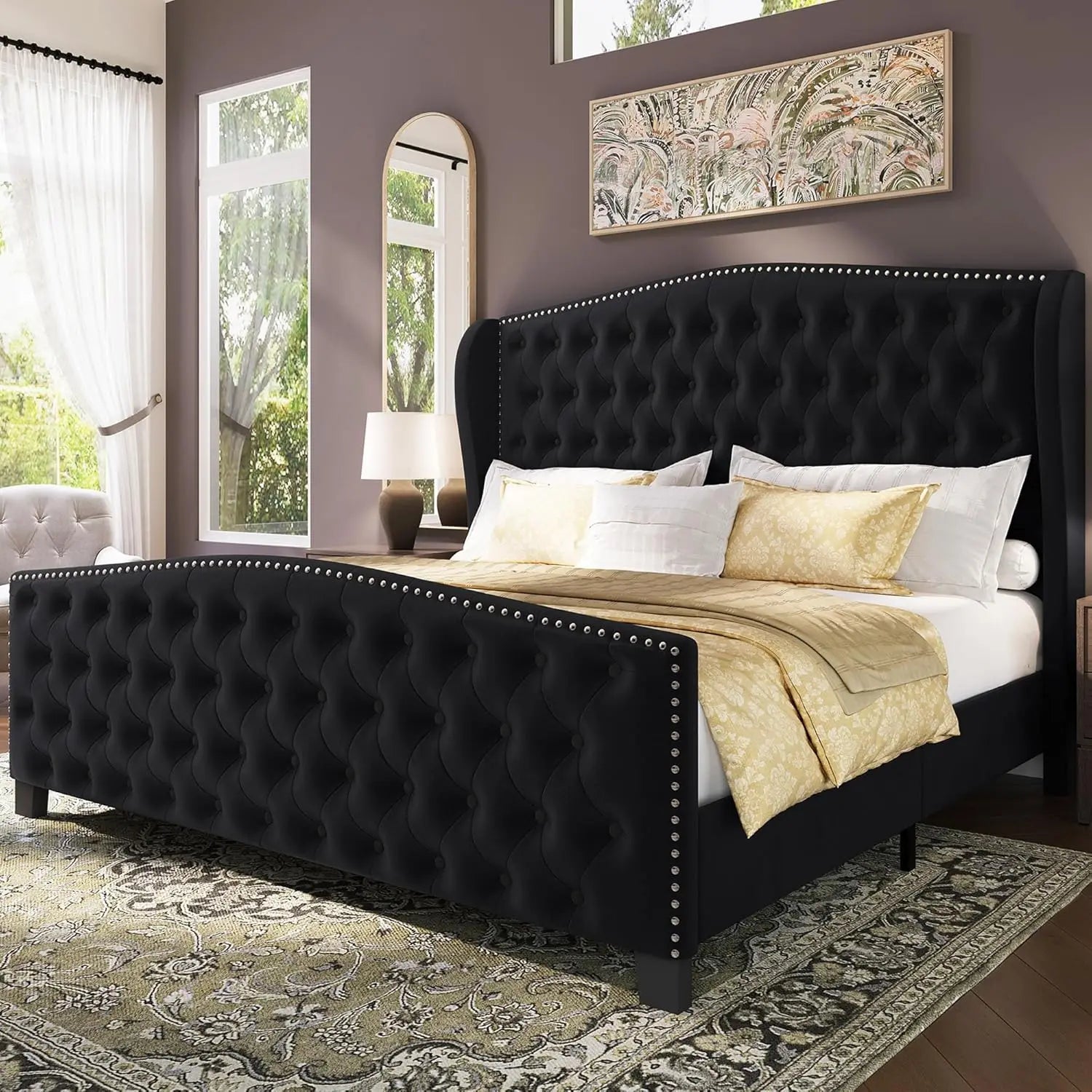 King Black Velvet Upholstered Platform Wingback Headboard Footboard Tufted Slats No Box Spring