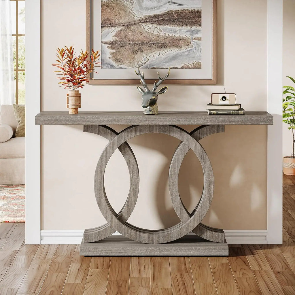 55IN Console Table with Geometric Wood Base, Thick Tabletop (Gray)