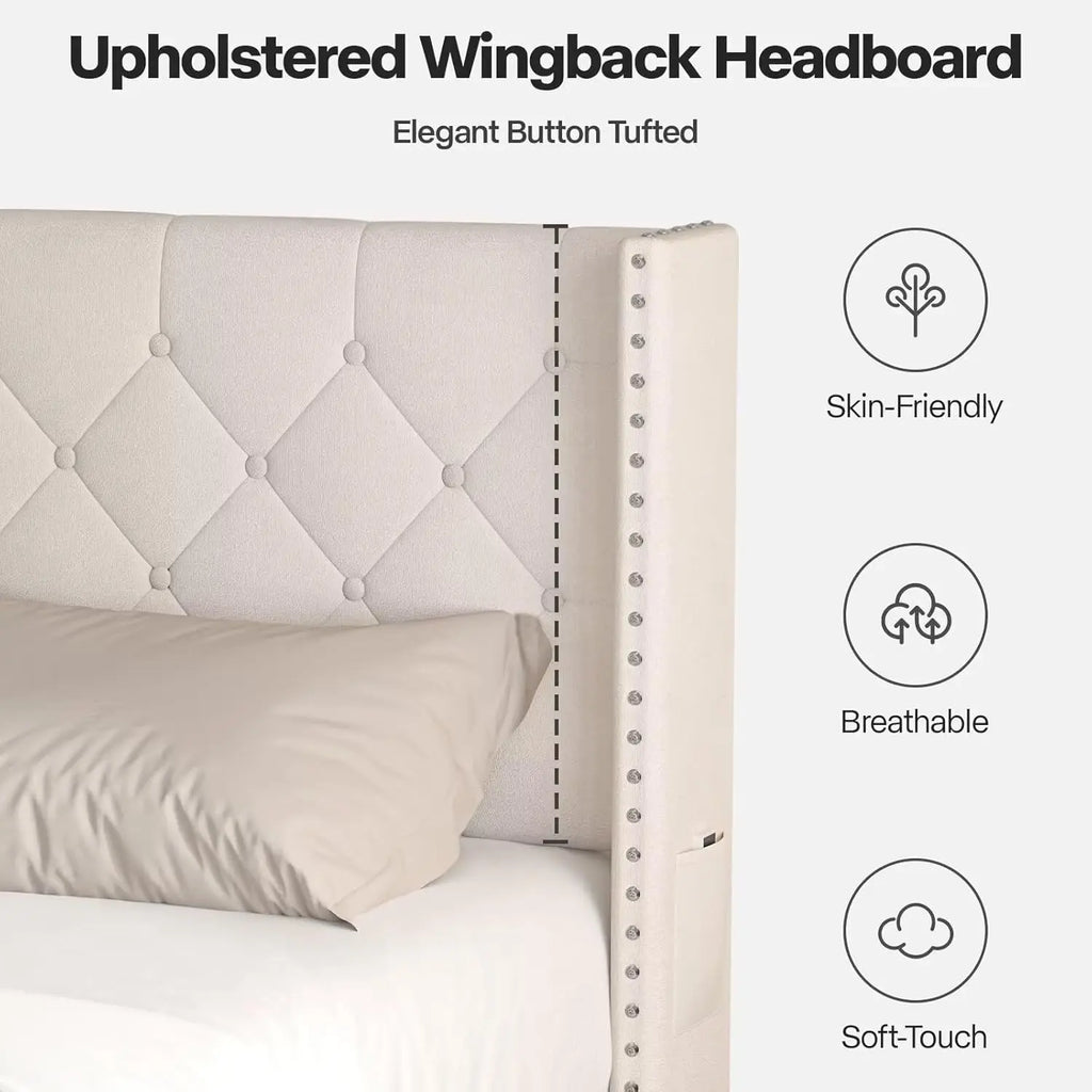 Full Size LED Bed Frame Velvet Upholstery, Tufted Headboard, Wooden Slats