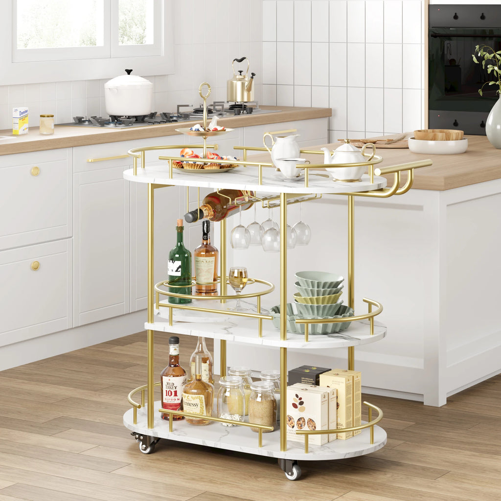 Gold Bar Carts 4-Tiers Mobile Bar On Wheels Wine Rack