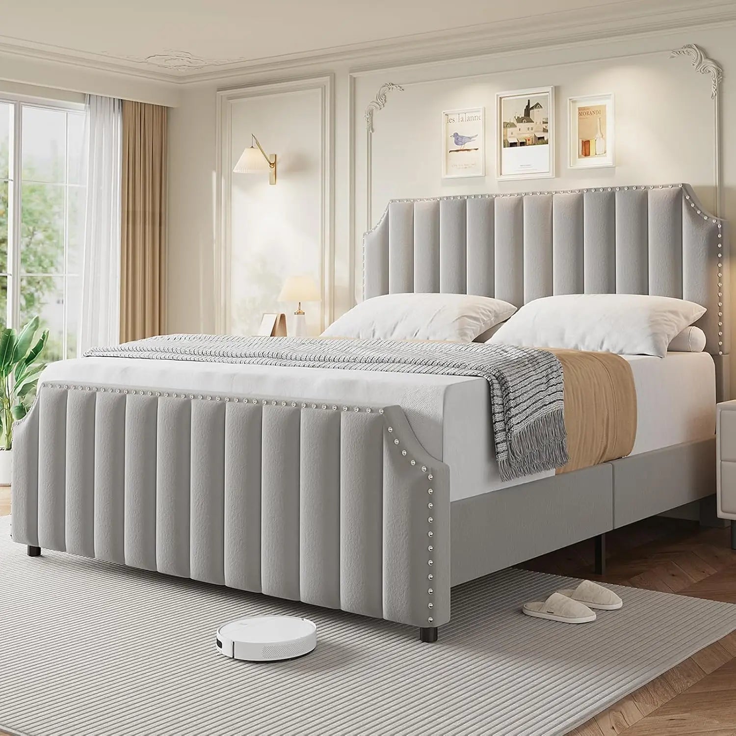 King Velvet Bed Frame 50.2" Upholstered Platform, No Box Spring, Wooden Slats