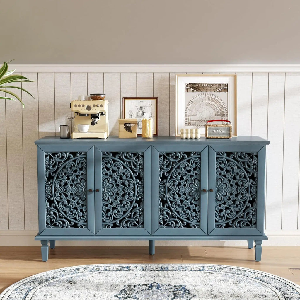 60" Blue Sideboard Buffet 4-Door Hollow Storage Shelf Vintage Console