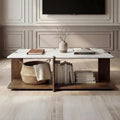 50" Open Frame Wood Display Coffee Table, Marble Top, Walnut.