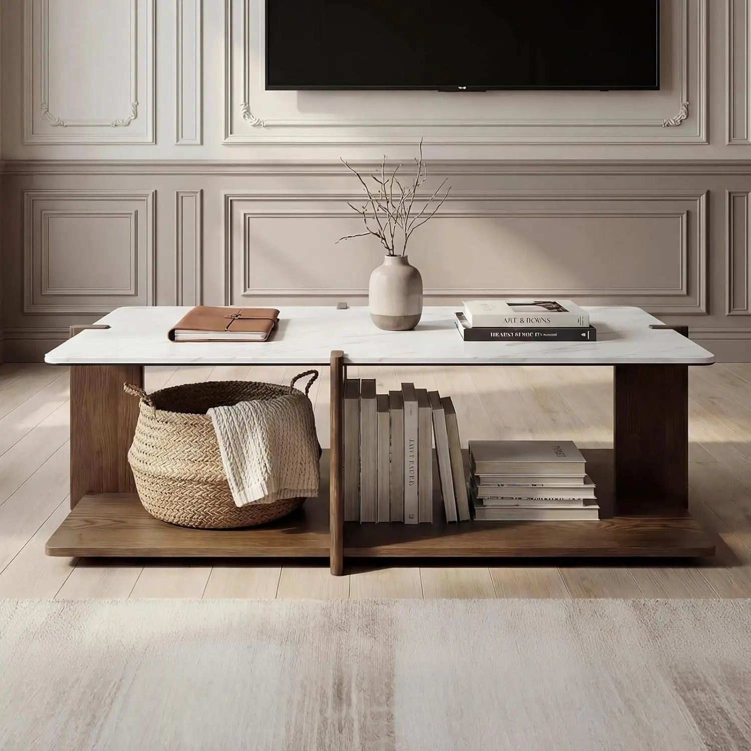 50" Open Frame Wood Display Coffee Table, Marble Top, Walnut.