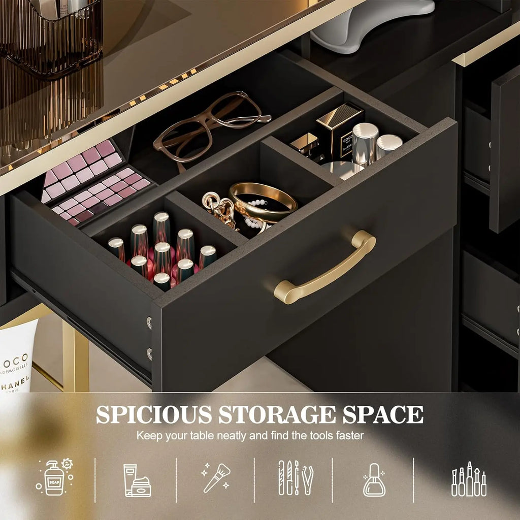 Table Glass Top 4 Drawers 2-Tier Storage Shelves