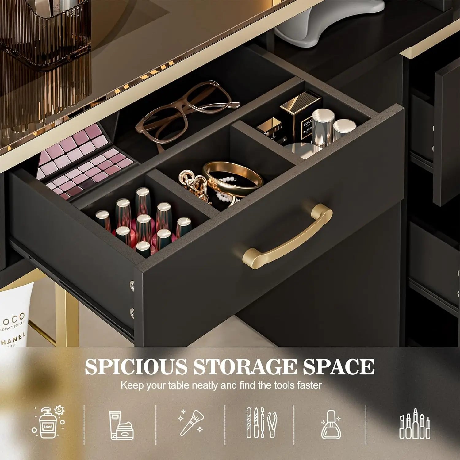 Table Glass Top 4 Drawers 2-Tier Storage Shelves