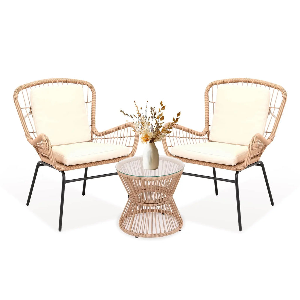 3PCS Patio Set PE Rattan Bistro Set-2 Wide Cushioned Chairs Glass Table