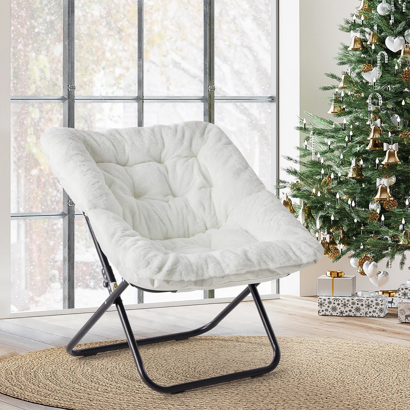 JHK 28IN Saucer Chair Padded Faux Fur Folding Metal Frame