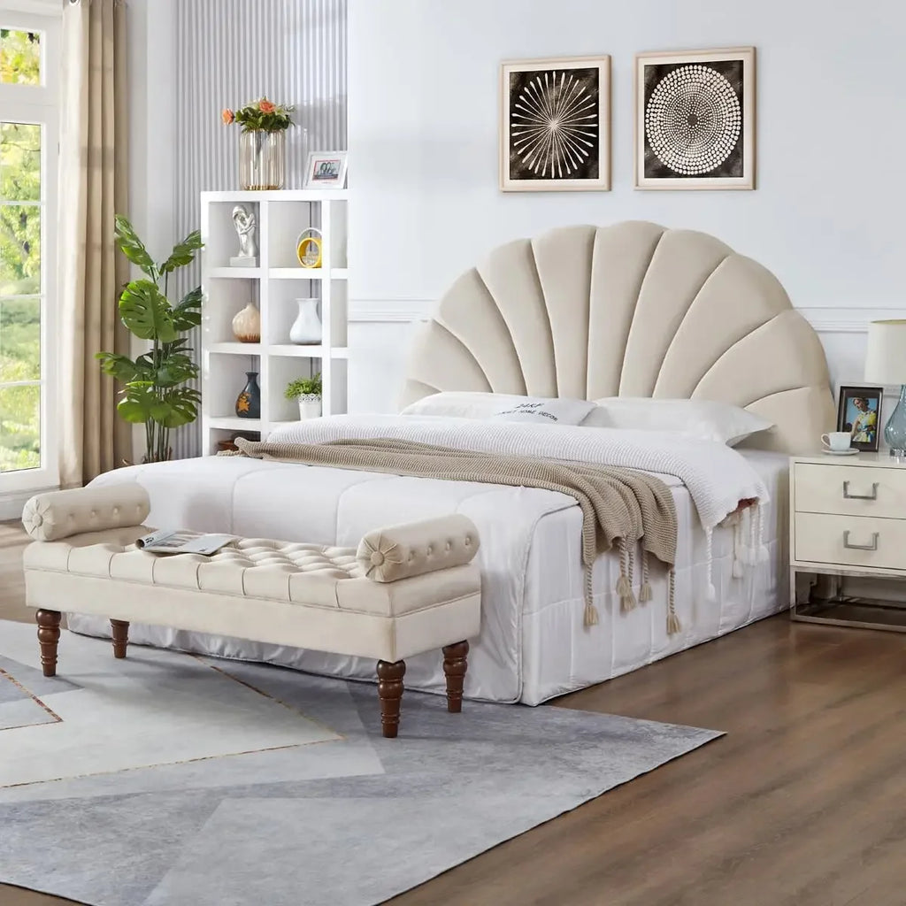 King/CA Headboard Stunning Crown Design, Upholstered Soft Velvet Petal, Beige