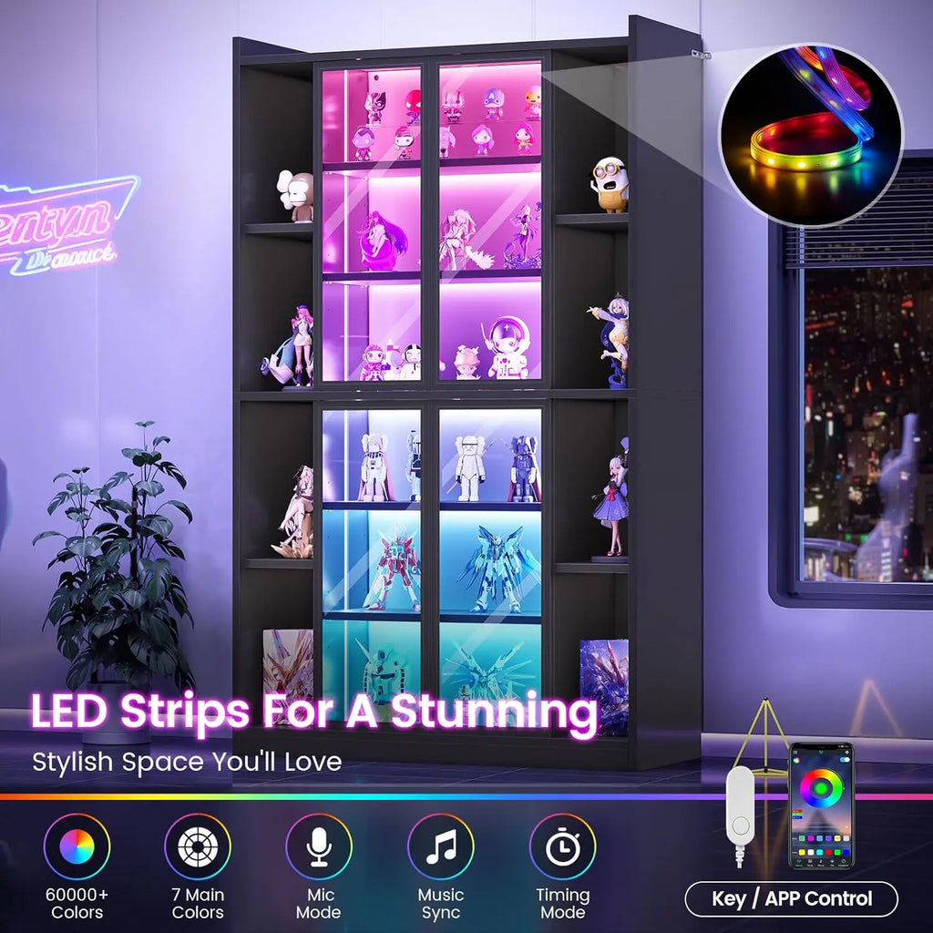 Cabinet Acrylic Glass Doors LED Lights, 70" Tall, Adjustable Shelves