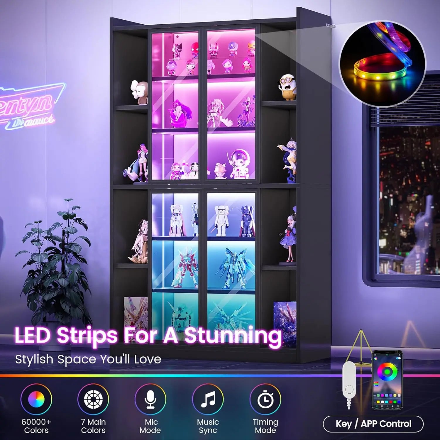 Cabinet Acrylic Glass Doors LED Lights, 70" Tall, Adjustable Shelves