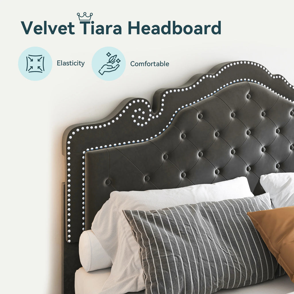 Full/Queen/King Velvet Diamond Tufted Upholstered Adjustable Headboard, Platform Bed Frame