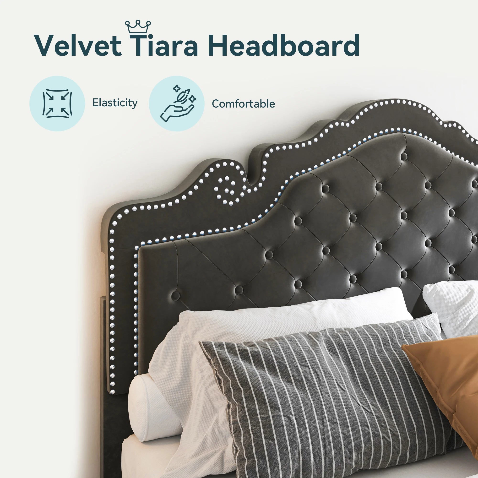 Full/Queen/King Velvet Diamond Tufted Upholstered Adjustable Headboard, Platform Bed Frame
